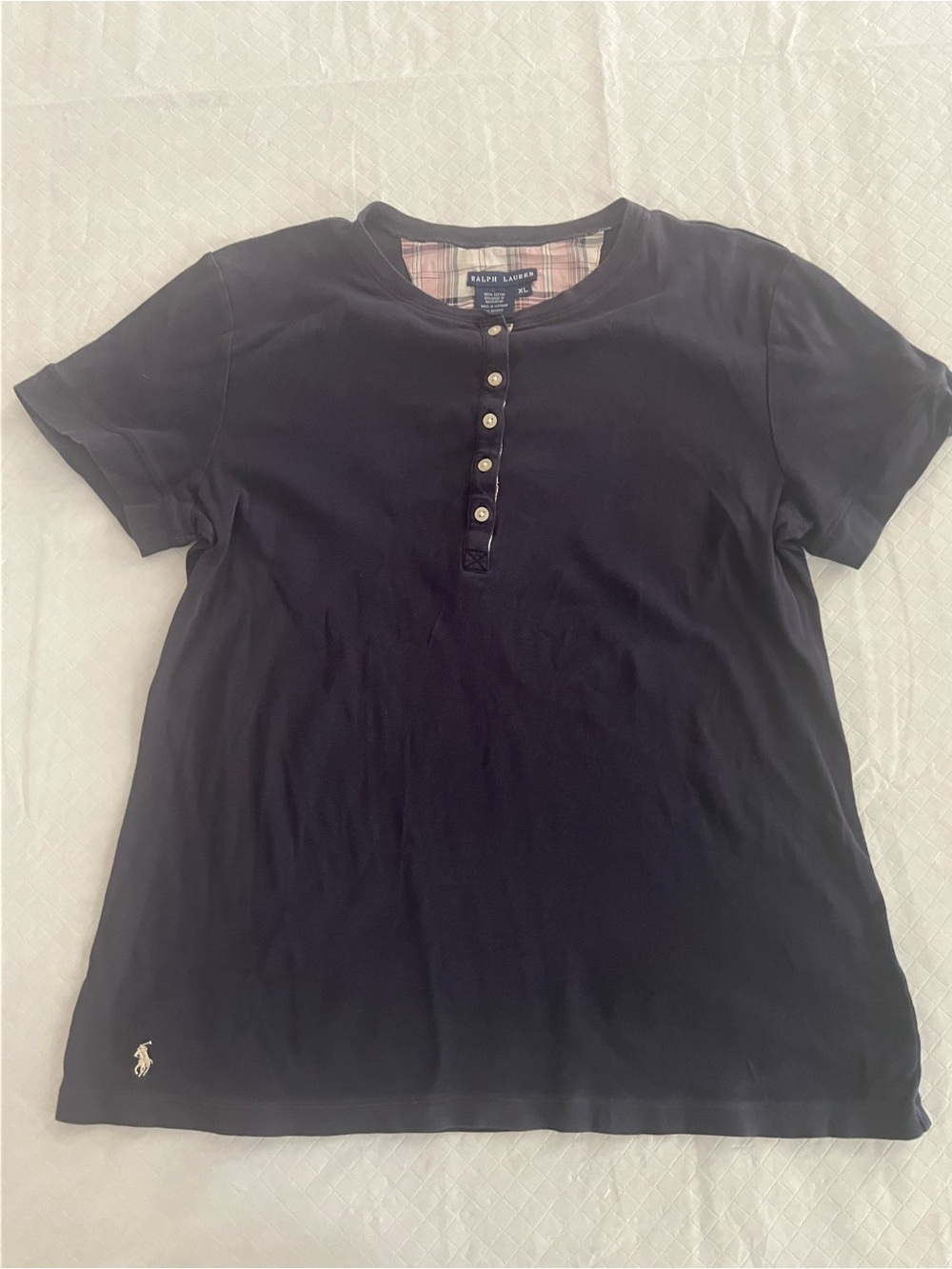 Ralph Lauren Henley Shirt Women’s XL Navy Blue Plaid Trim Short Sleeve